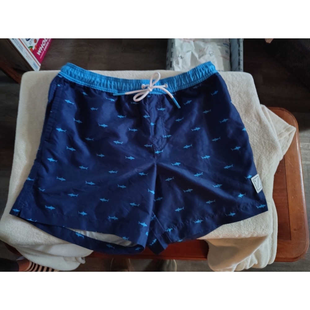 American Eagle Mens Shark Print Swim‎ Trunks Navy Blue Board Shorts Large